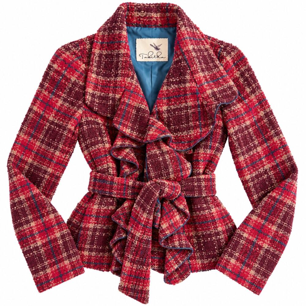 Anthropologie Tabitha Plaid Wool Blend Ruffle Belted Jacket Blazer Size 4